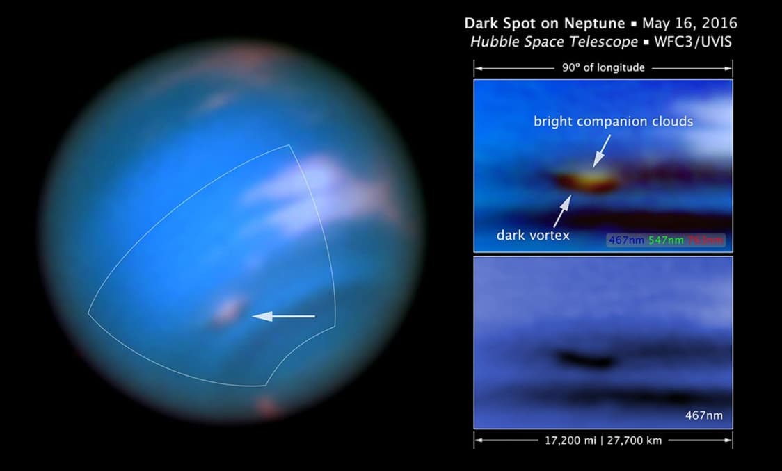 dark spot on neptune - Dark Spot on Neptune Hubble Space Telescope 90 of longitude WFC3Uvis bright companion clouds dark vortex 467nm 547nm 17,200 mi 27,700 km 467nm